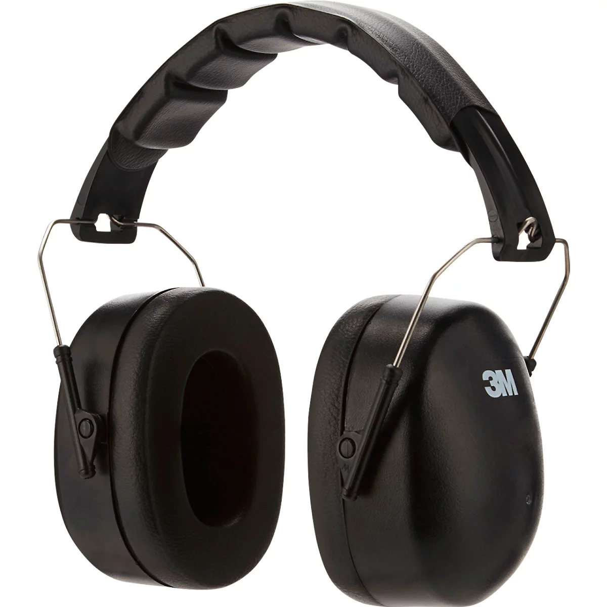 Black ear defenders with padded headband and earcups, silver colored arches. '3M' is written on one earcup.