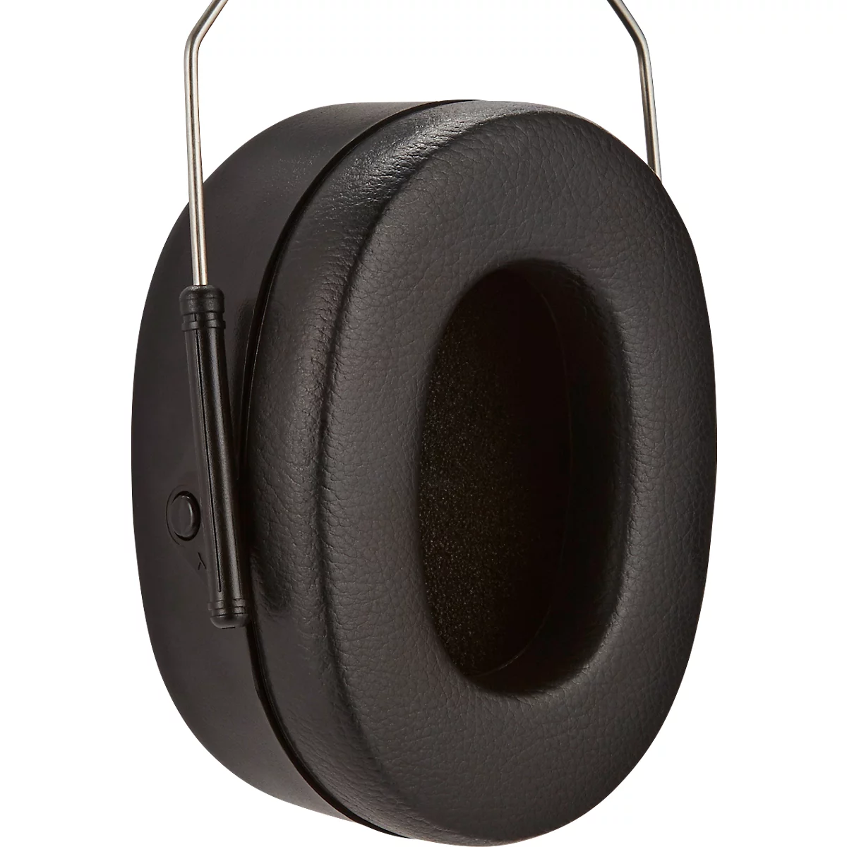 Black earmuffs, ear cup with soft padding, adjustable bracket.