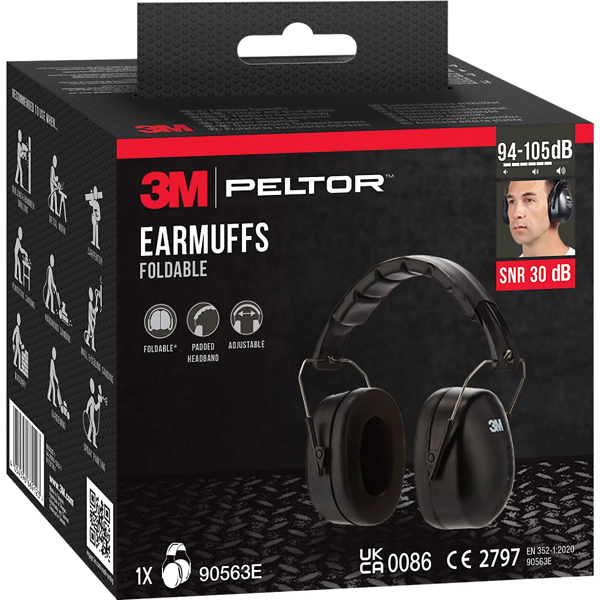 Black 3M Peltor earmuffs. The packaging provides information on features such as foldability and SNR value.