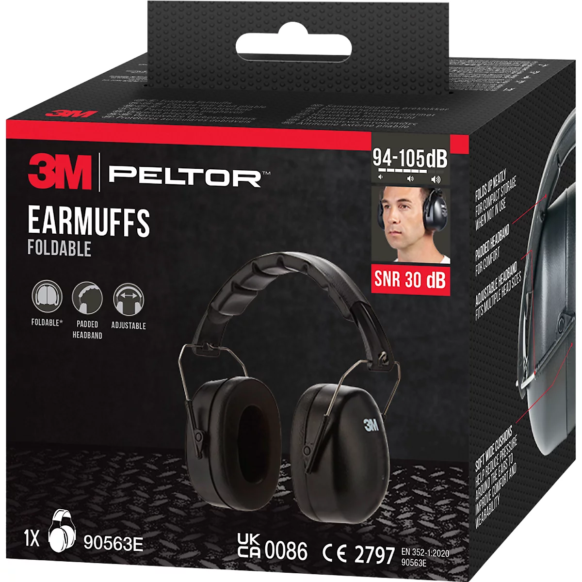Black foldable earmuffs from 3M Peltor, packaged in a black box. The box contains information about sound dampening.