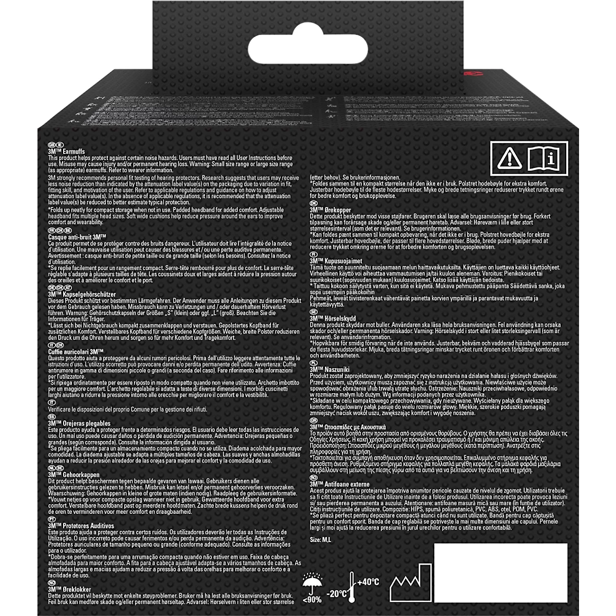 Black and gray packaging with text in multiple languages. A hole for hanging at the top, symbols for temperature and recycling at the bottom.