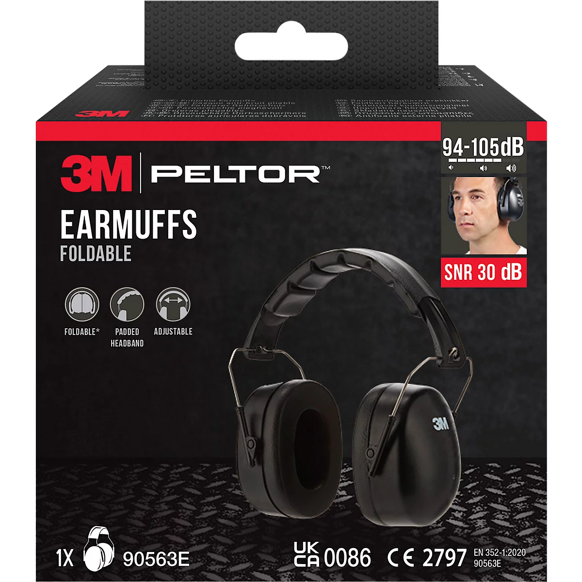 Black 3M Peltor earmuffs, foldable. The packaging displays the product name, technical specifications, and a person wearing headphones.