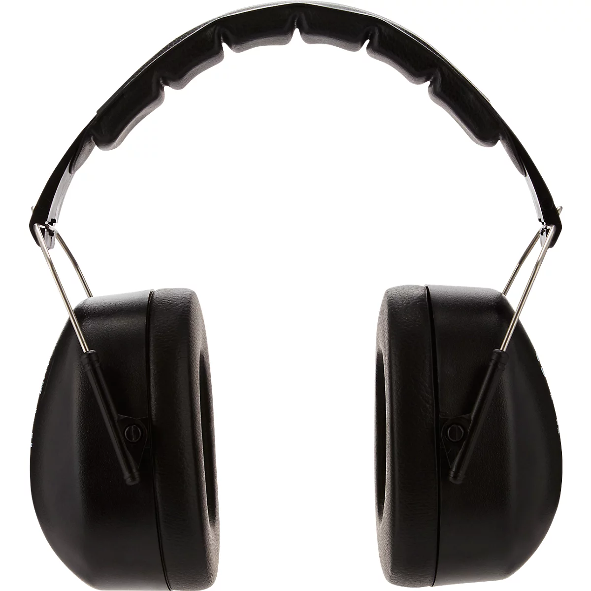 Black ear defenders on a white background. Cushions are attached over the headband.