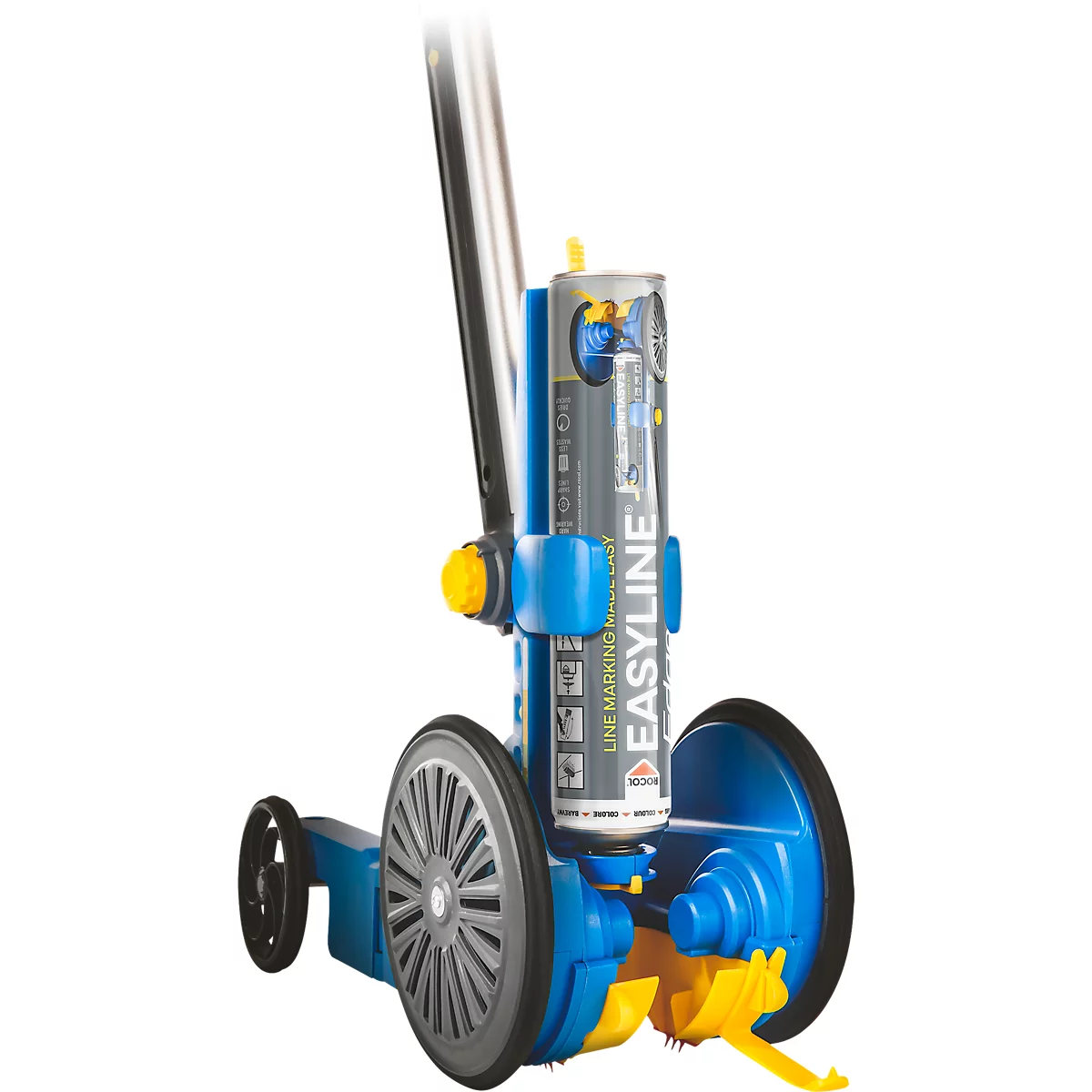 Blue and yellow marking machine with spray can, wheels, and handle. Text: EASYLINE.