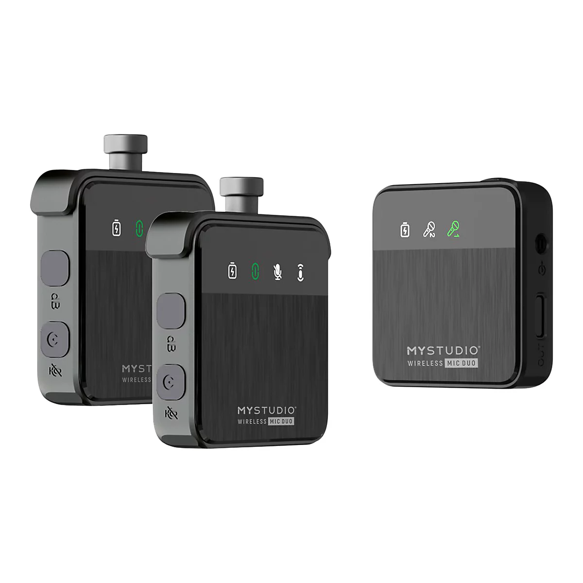 Drei schwarze MyStudio Wireless Mic Duo Sender und Empfänger vor weißem Hintergrund.
