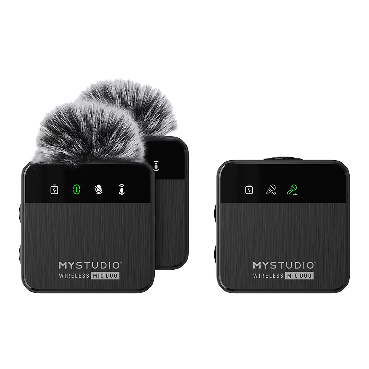 Zwei schwarze MyStudio Wireless Mic Duo Sender mit Fellwindschutz und ein Empfänger vor weißem Hintergrund.