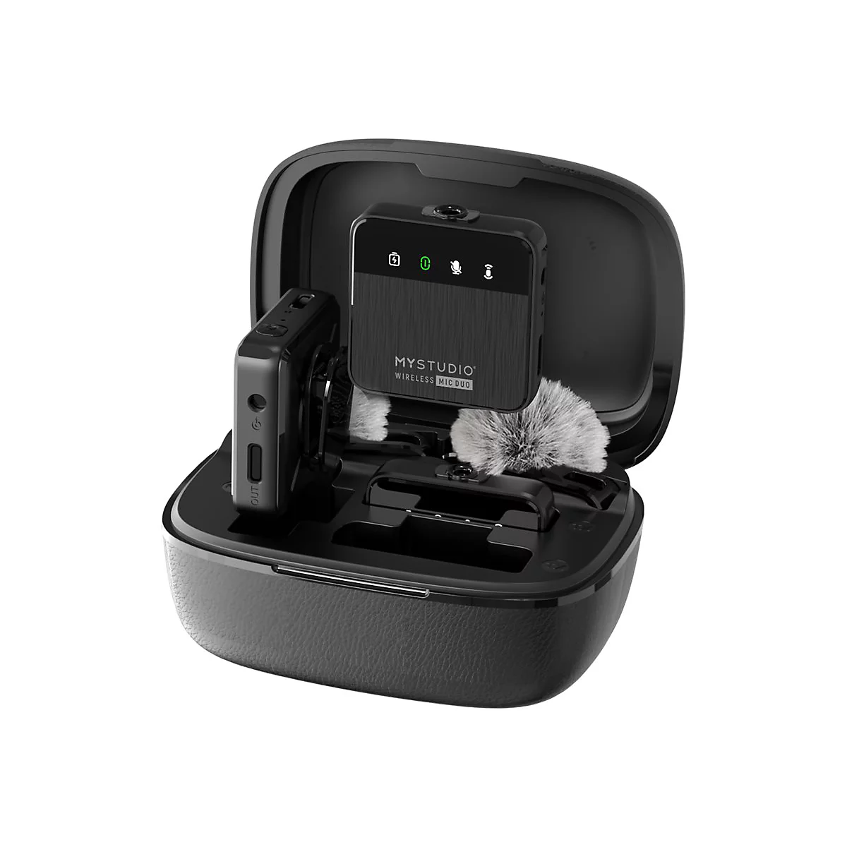 MyStudio Wireless Mic Duo System in einer schwarzen Ladestation mit Mikrofonen und Zubehör.
