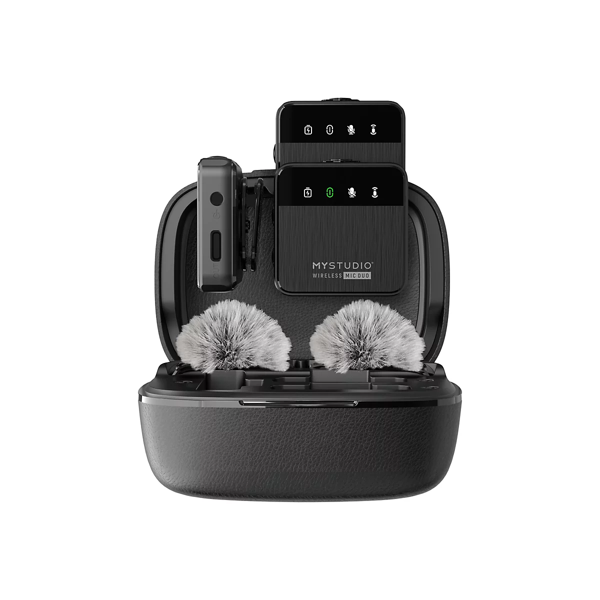 Schwarze MyStudio Wireless Mic Duo Ladestation mit zwei Sendern und zwei aufgesetzten Fell-Windschützen.