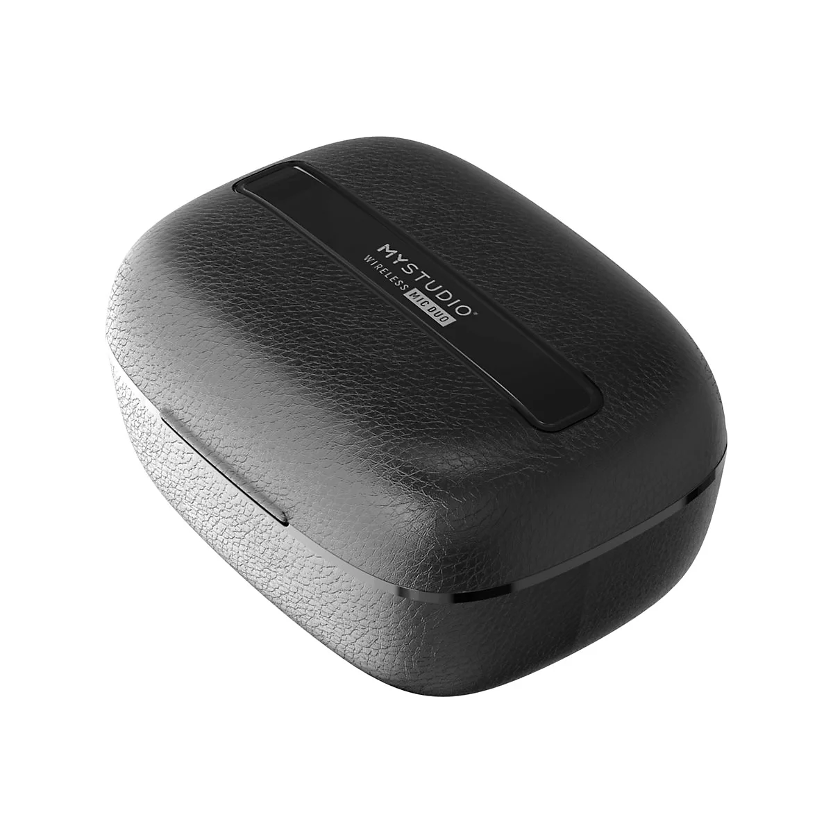 Schwarzes Mystudio Wireless Mic Duo Ladecase in Lederoptik vor weißem Hintergrund.