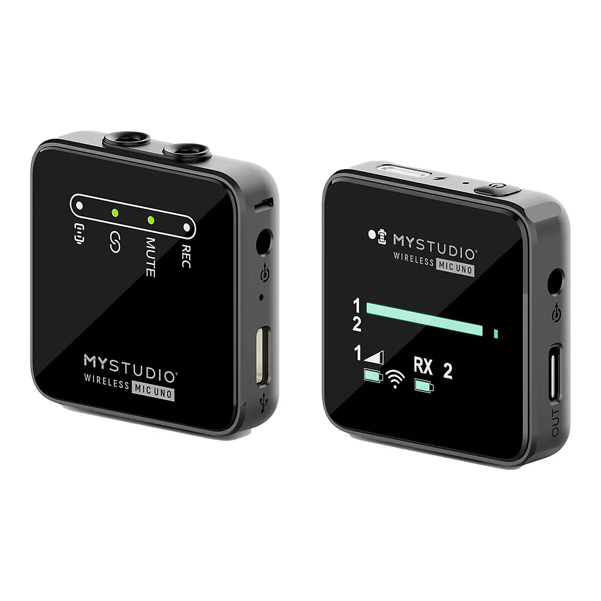 Zwei schwarze MyStudio Wireless Mic Uno Funkmikrofone vor weißem Hintergrund mit leuchtenden Statusanzeigen.