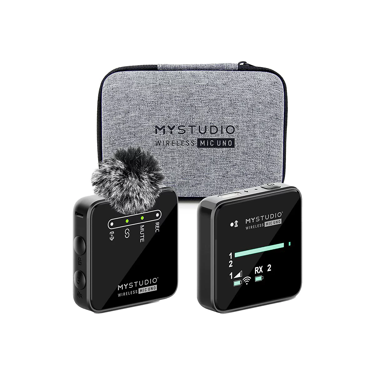 MyStudio Wireless Mic Uno Set mit Sender, Empfänger und einer grauen Aufbewahrungstasche auf weißem Grund.