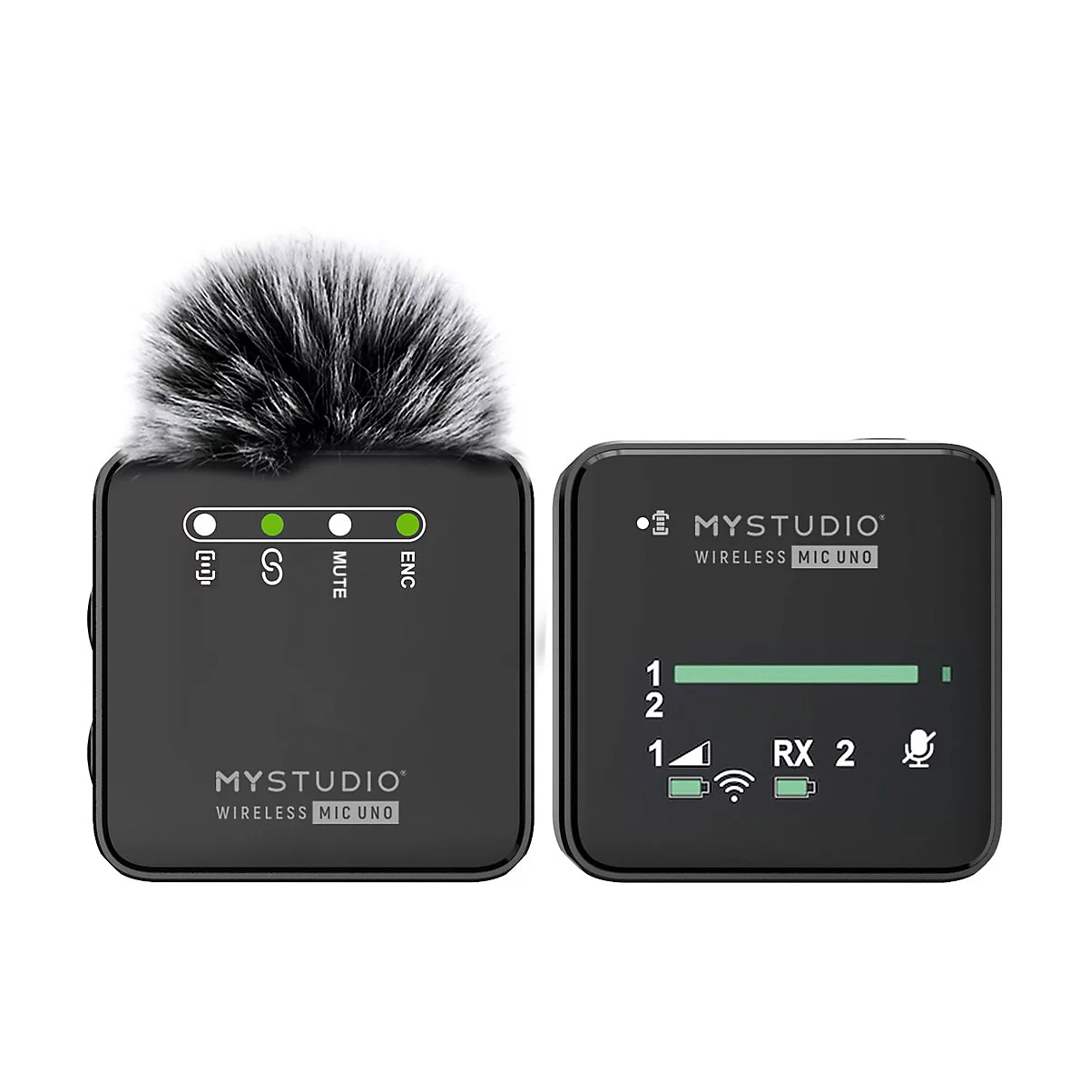 Sender mit Fellwindschutz und Empfänger von MYSTUDIO Wireless Mic Uno vor weißem Hintergrund.