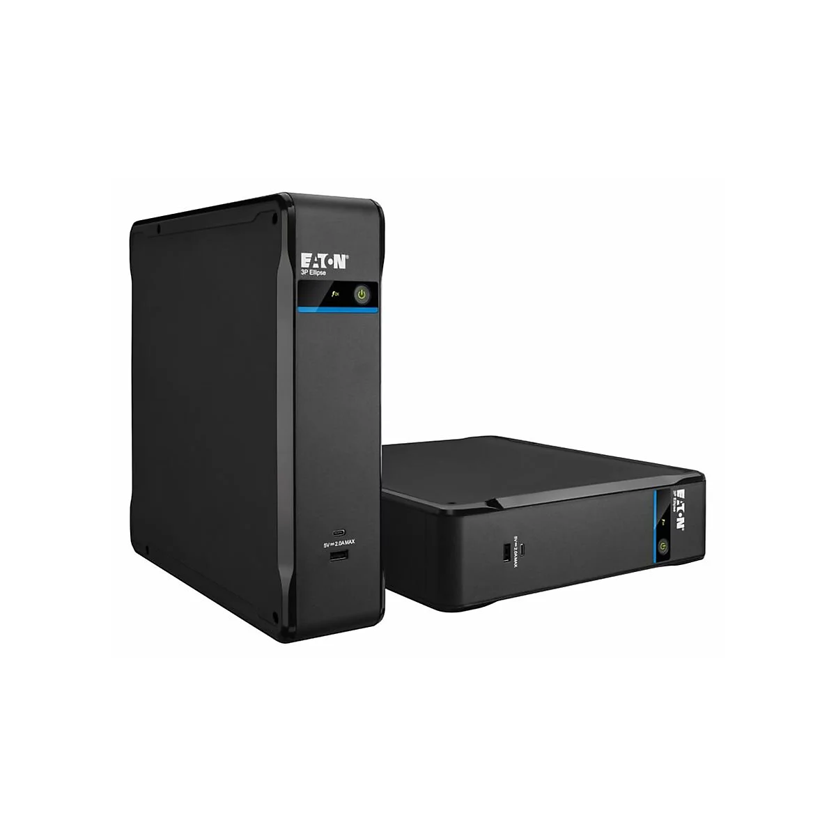 Zwei schwarze Eaton USV-Geräte. Ein Turm- und ein kompakteres Modell mit Logo, Strom- und USB-Anschlüssen.