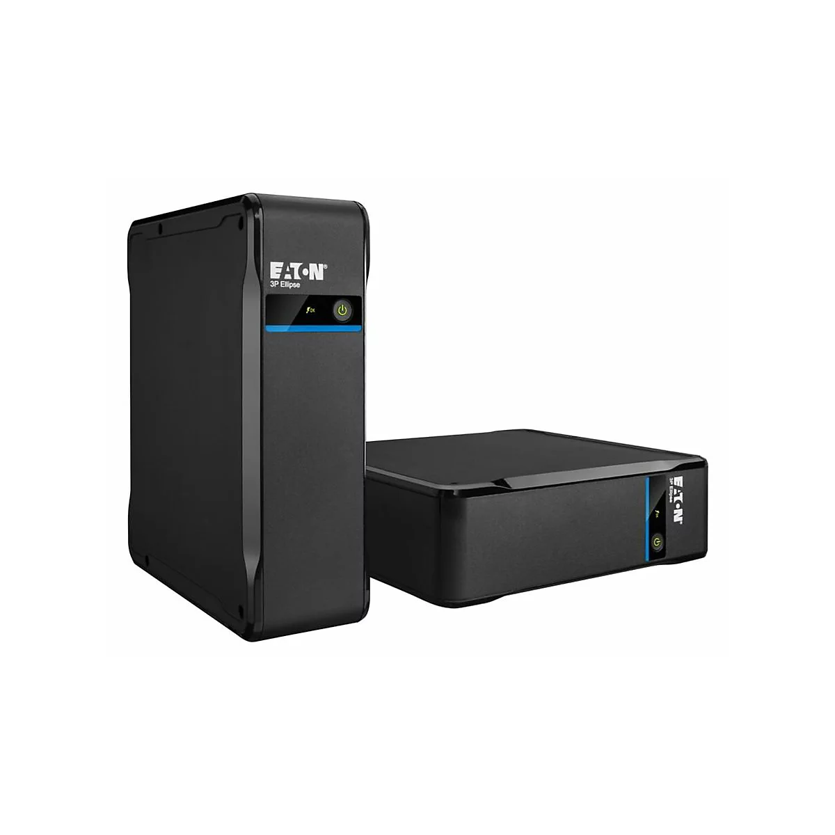 Zwei schwarze Eaton-USV-Geräte. Das höhere Gerät hat einen blauen Streifen und das Eaton-Logo. Ein grüner Power-Button ist sichtbar.