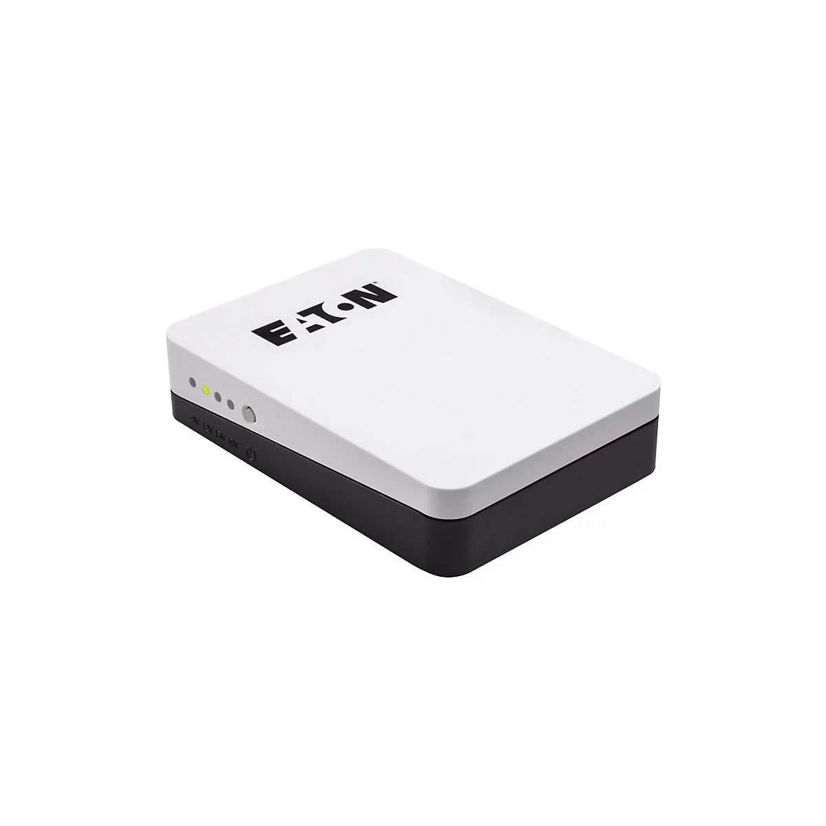 Un appareil rectangulaire blanc avec le logo Eaton noir. Dessus blanc, dessous noir. LumiÃ¨res sur le cÃ´tÃ©.