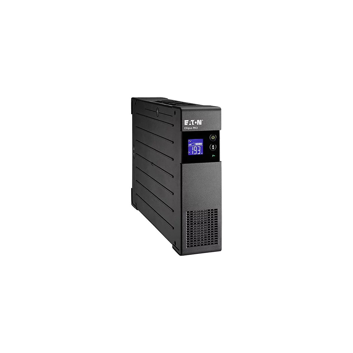 Schwarze Eaton Ellipse Pro USV. Sie hat ein Display mit Stromwerten und Bedienelementen.
