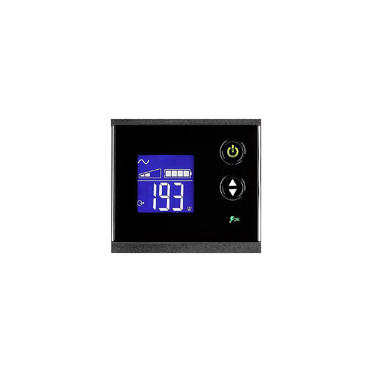 Schwarzes Bedienfeld mit blauem Display. Anzeige: 193W, Batterie- und Stromsymbol. Power- und Pfeiltasten. Ok-Licht.