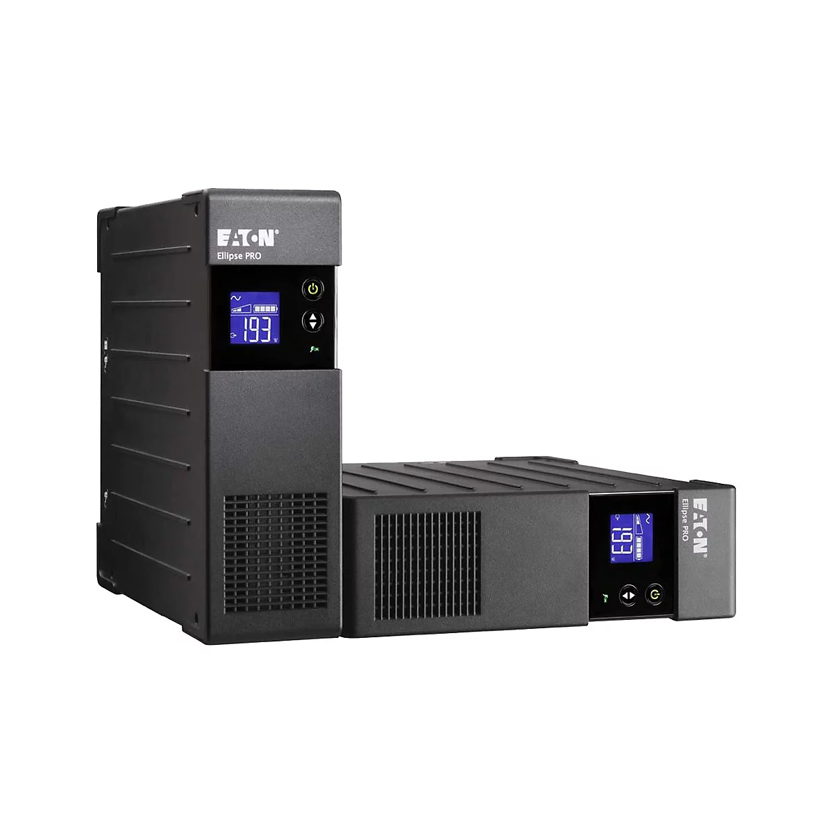 Zwei schwarze Eaton Eclipse Pro USV-Geräte. Beide zeigen Messwerte auf blauen Bildschirmen an.
