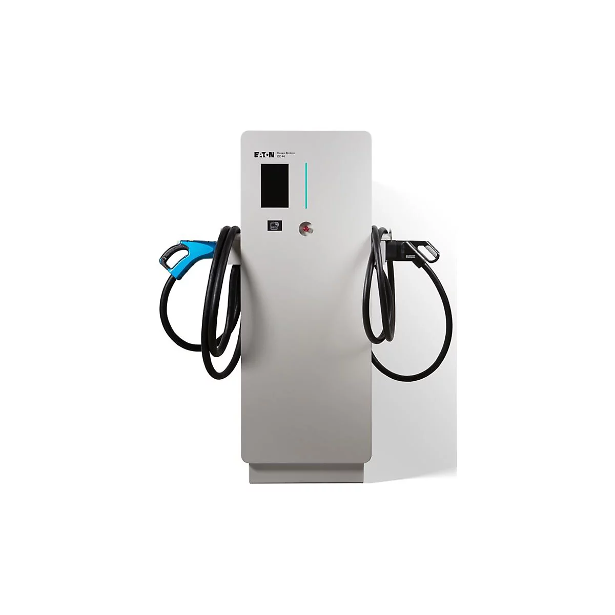 Elektro-Ladestation mit zwei Ladekabeln, grauem Gehäuse und blauem Stecker.