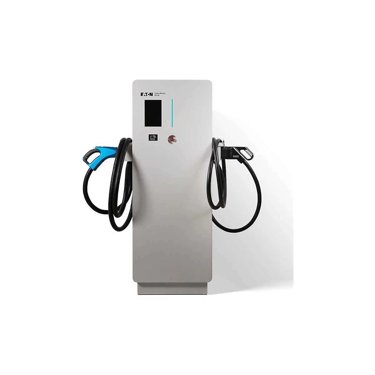 Elektroauto-Ladestation mit zwei Ladekabeln, blau und schwarz. Im oberen Bereich befinden sich Logos und eine Anzeige.