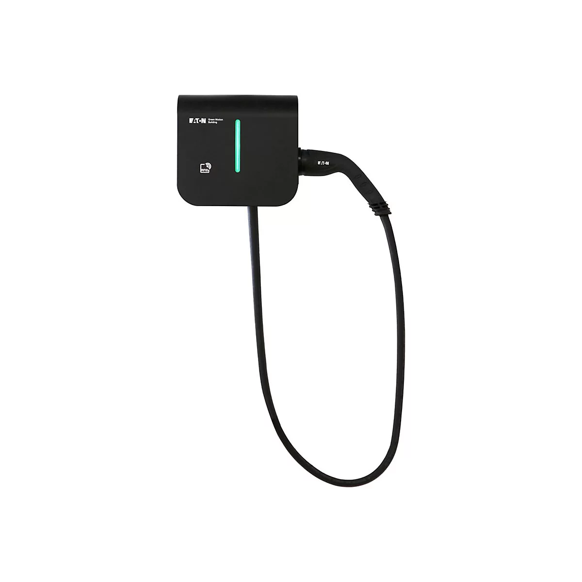 Schwarze Ladesäule für Elektroautos mit grünem Licht. Das Kabel hängt herunter.