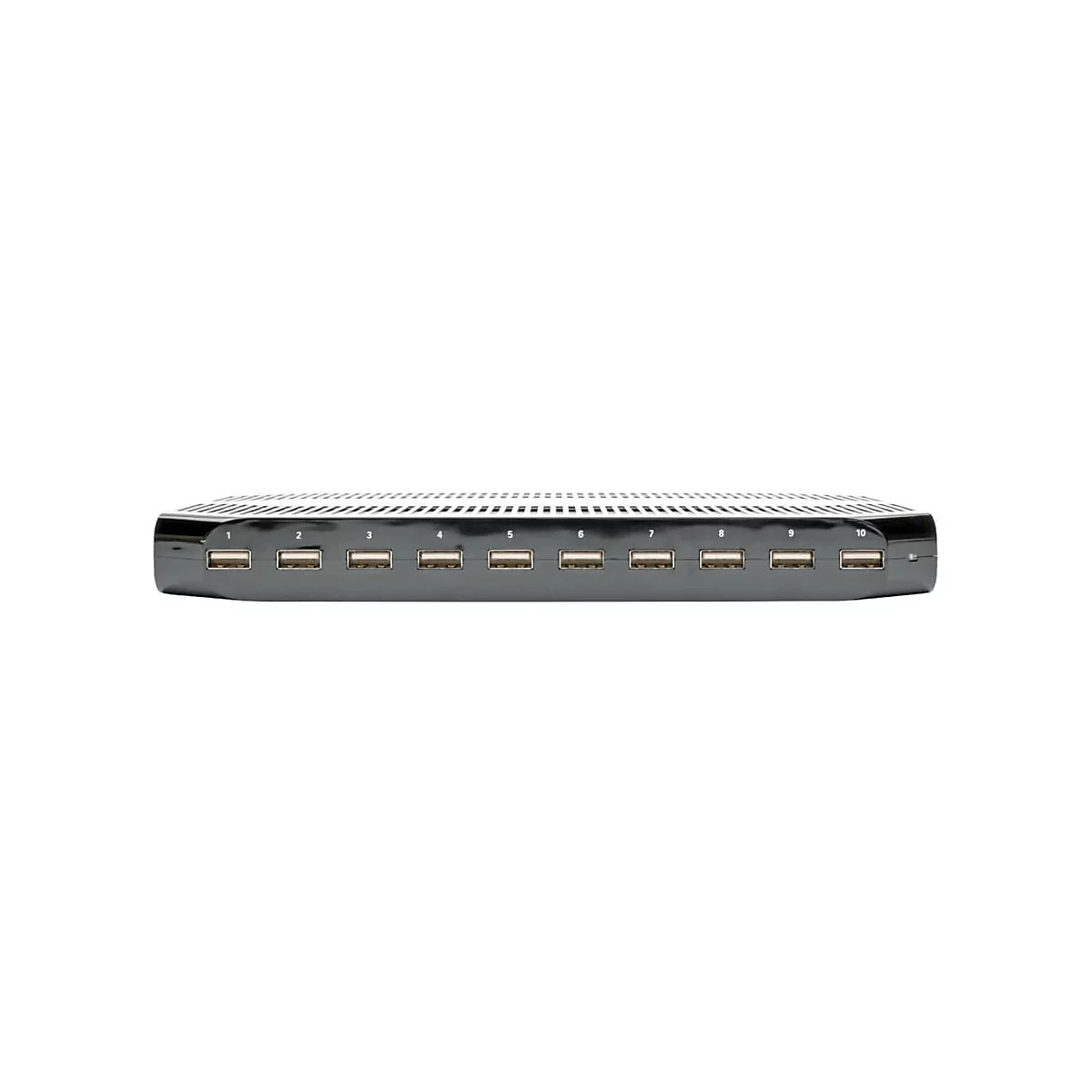 Schwarzer USB-Hub mit zehn Anschlüssen, auf weißem Hintergrund. Jede Öffnung ist mit einer Zahl gekennzeichnet.