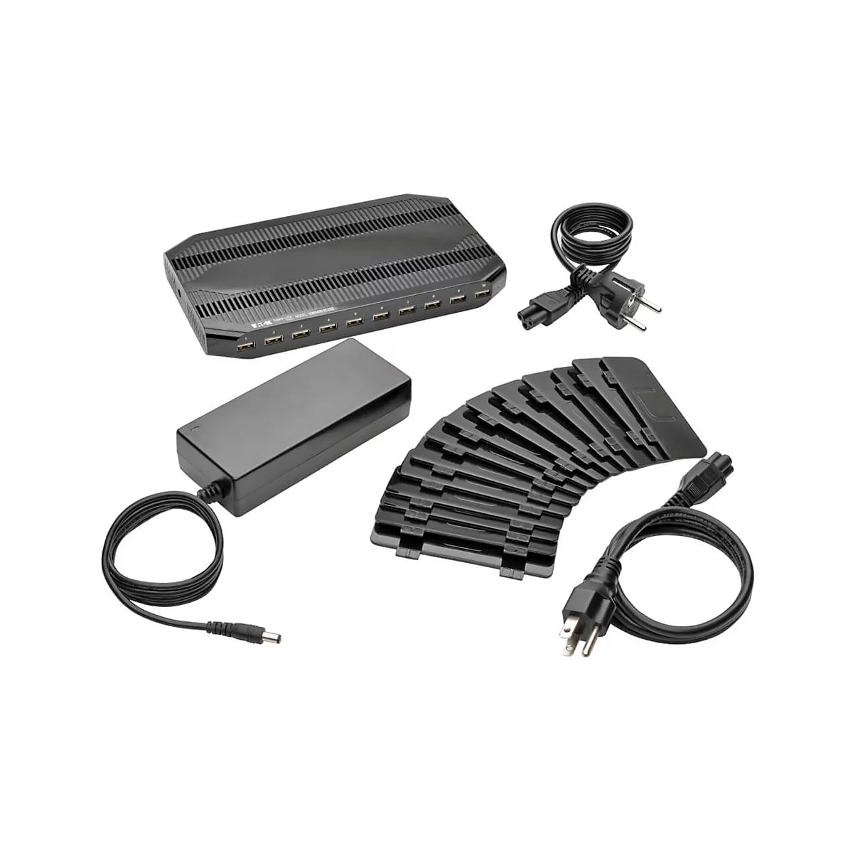 Eaton Tripp Lite Series 10-Port USB Charging Station with Adjustable Storage, 12V 8A (96W) USB Charger Output, Schuko Power Cord - Netzteil - 96 Watt - 8 A - 10 Ausgabeanschlussstellen (10 x 4-poliger USB Typ A) - Schwarz