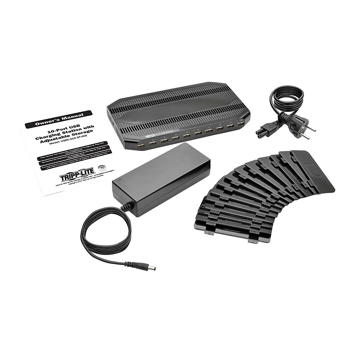 Eaton Tripp Lite Series 10-Port USB Charging Station with Adjustable Storage, 12V 8A (96W) USB Charger Output, Schuko Power Cord - Netzteil - 96 Watt - 8 A - 10 Ausgabeanschlussstellen (10 x 4-poliger USB Typ A) - Schwarz