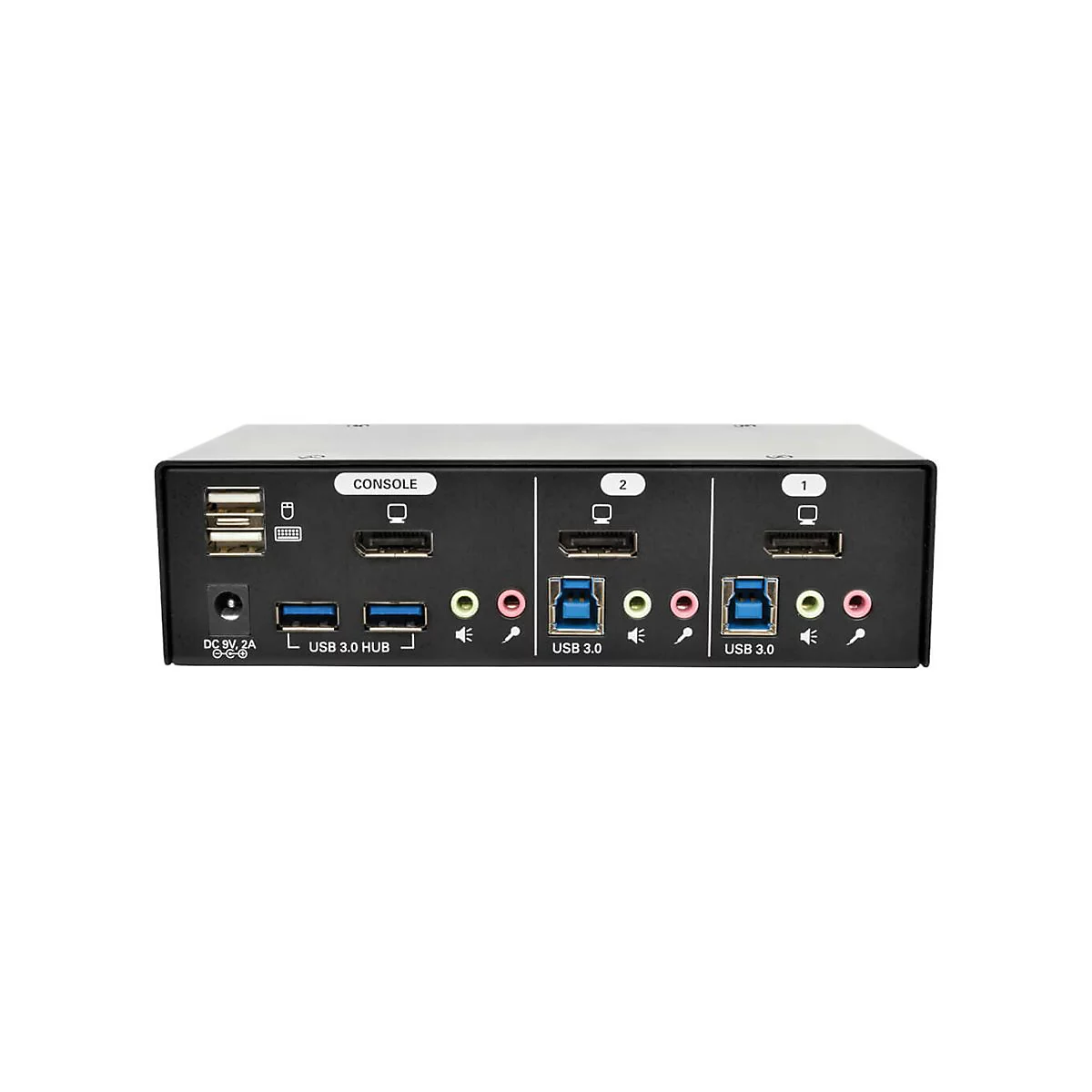 Schwarzer USB-Switch mit verschiedenen Anschlüssen, darunter USB 3.0 und HDMI, beschriftet mit 'CONSOLE', '1' und '2'.