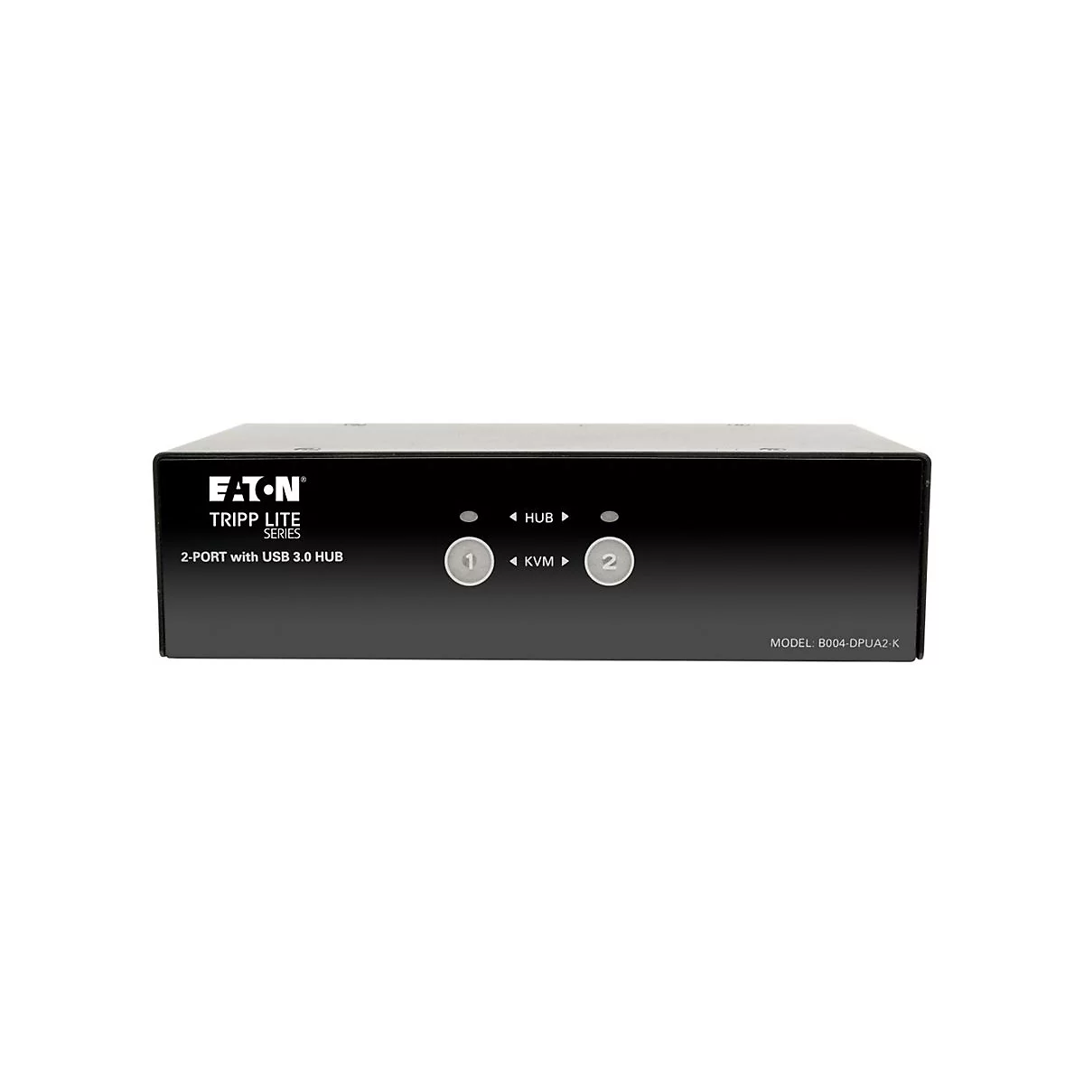 Schwarzer KVM-Switch mit der Aufschrift "Eaton Tripp Lite". Zwei Knöpfe mit den Ziffern 1 und 2. Weitere Beschriftungen sind "HUB" und "KVM".