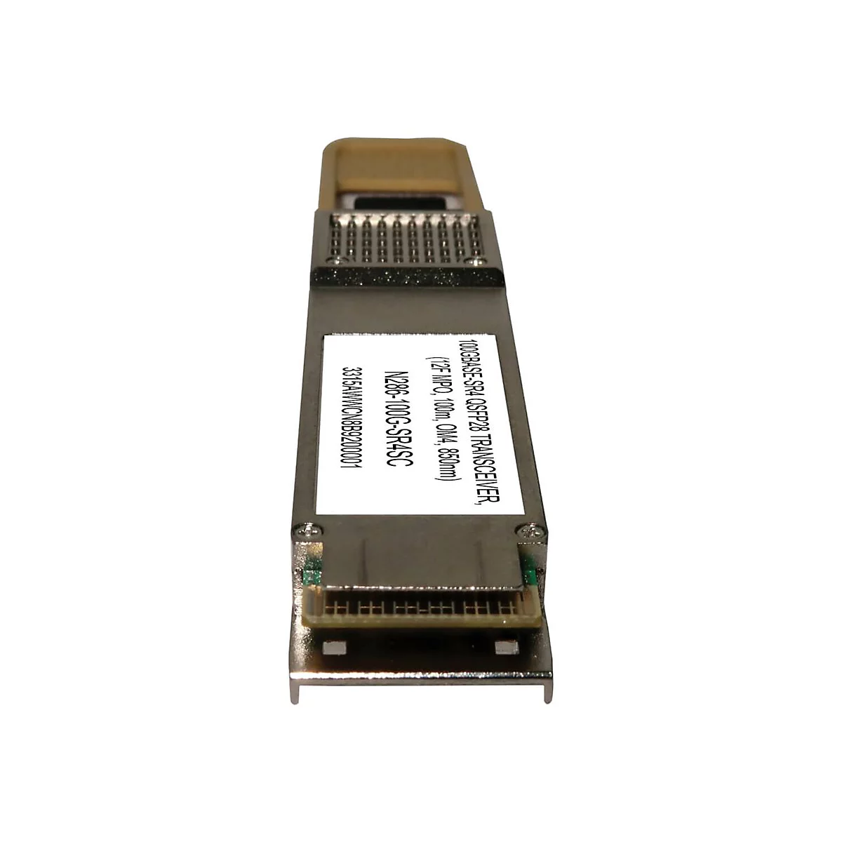 Ein grauer Transceiver mit Textetiketten. Details: 100GBASE-SR4, N286-100G-SR4SC, 100m, OM4, 850nm.