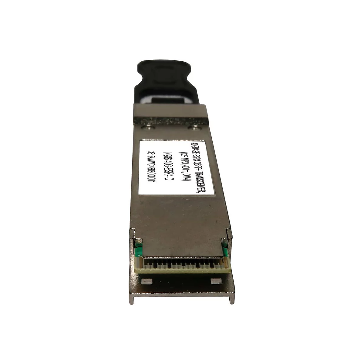 Ein silberner QSFP+ Transceiver mit Textaufschrift: 40GBASE-ESR4 QSFP+ TRANSCEIVER.