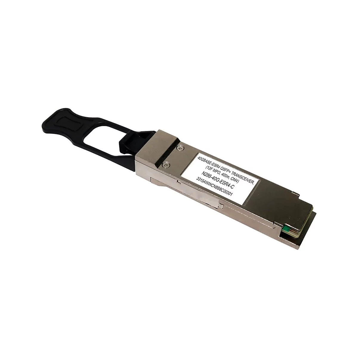 Ein silberner Transceiver mit schwarzem Griff, beschriftet mit Text wie '40GBASE-ESR4 QSFP+ TRANSCEIVER'.
