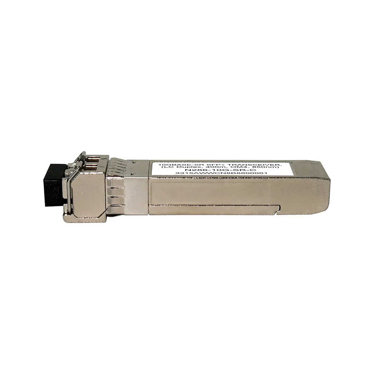 Ein silberner SFP+ Transceiver mit schwarzem Stecker und Text: 10GBASE-SR SFP+ Transceiver. (LC Duplex 850nm).