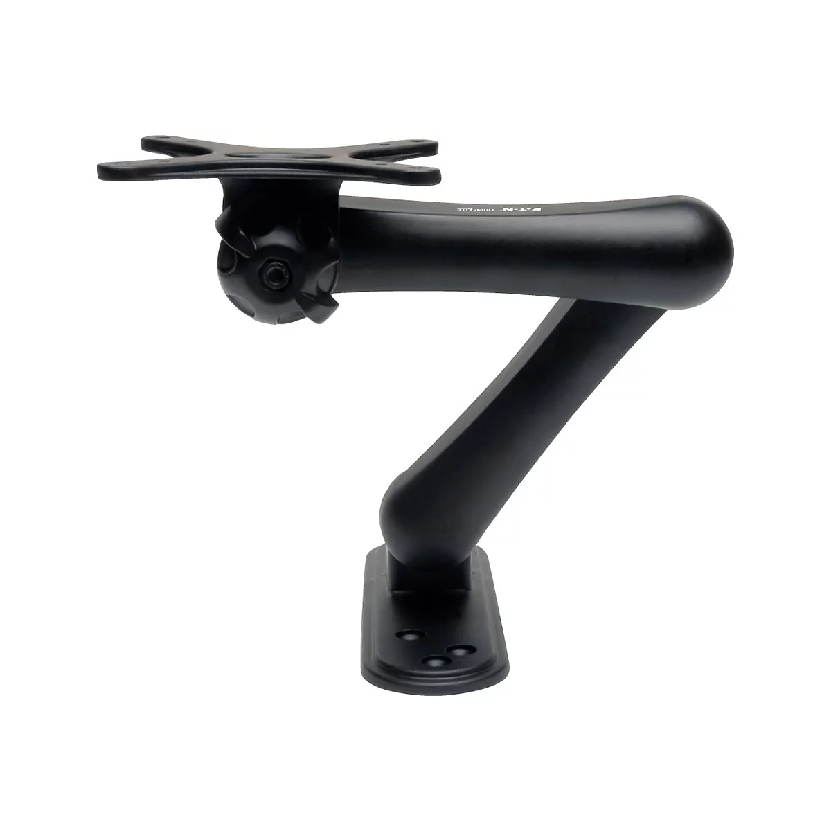 Schwarze Monitorhalterung. Sie hat einen WandfuÃŸ, einen Arm und eine Halterung fÃ¼r den Monitor.