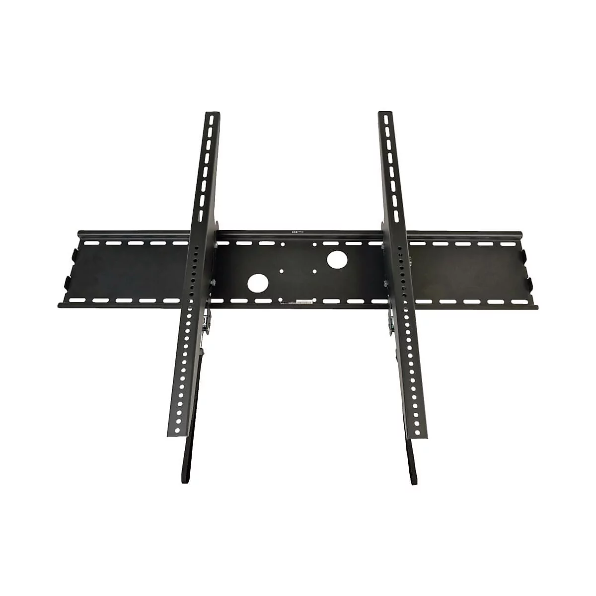 Schwarze TV-Wandhalterung, bestehend aus Halterung und zwei vertikalen Schienen mit Löchern.