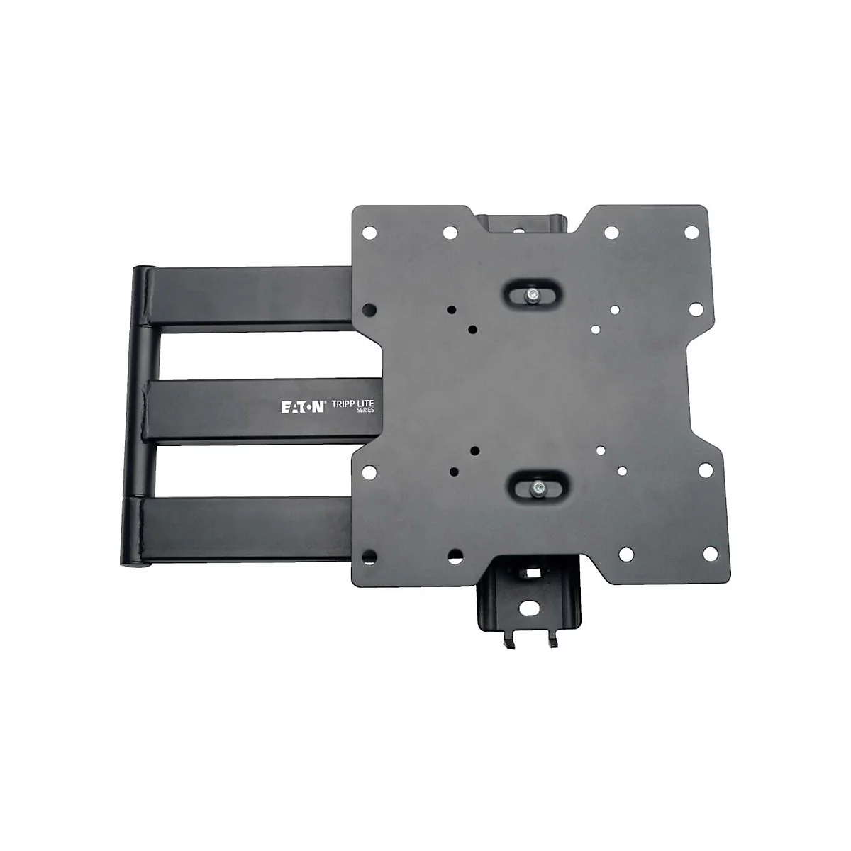 Schwarze TV-Wandhalterung mit Gelenkarmen, Marke Eaton Tripp Lite Series.