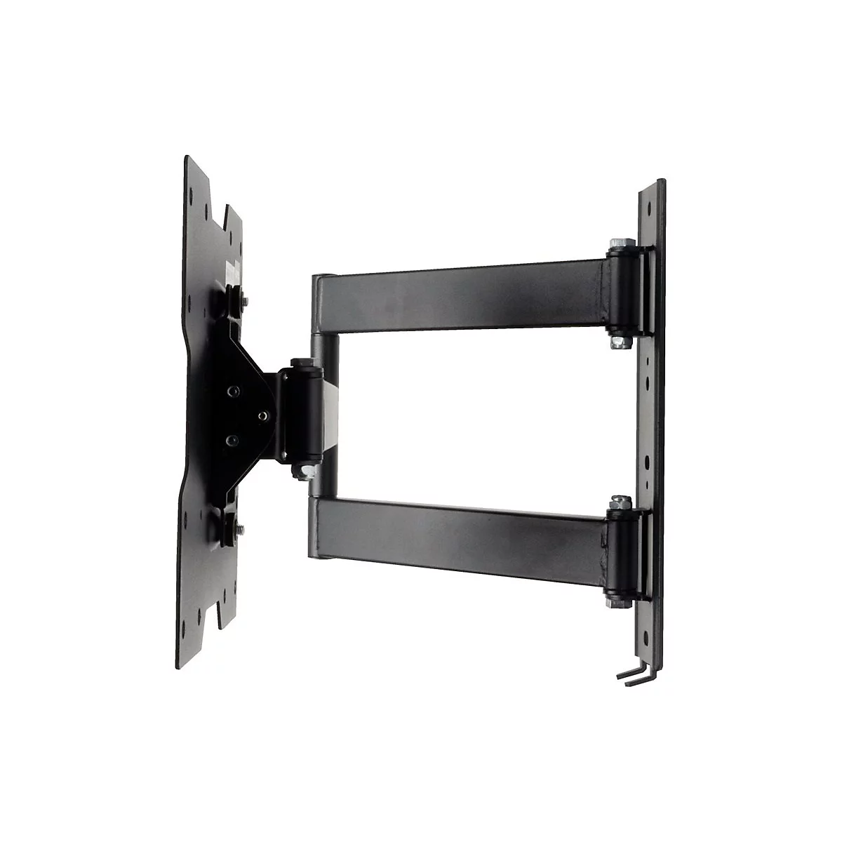 Schwarze, an der Wand montierte TV-Halterung mit Gelenken, vor weißem Hintergrund. Details wie Schrauben und Löcher sind erkennbar.