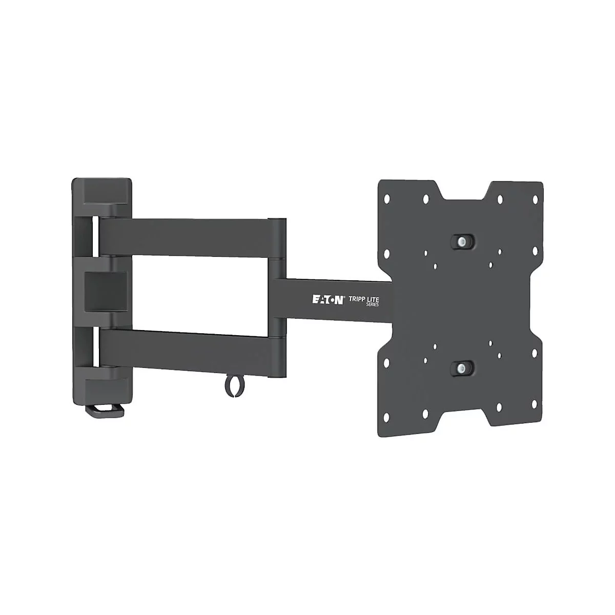 Schwarze TV-Halterung mit Eaton Tripp Lite Logo. Rechteckige Halterung mit Arm und Montageplatte, mit Löchern für Schrauben.