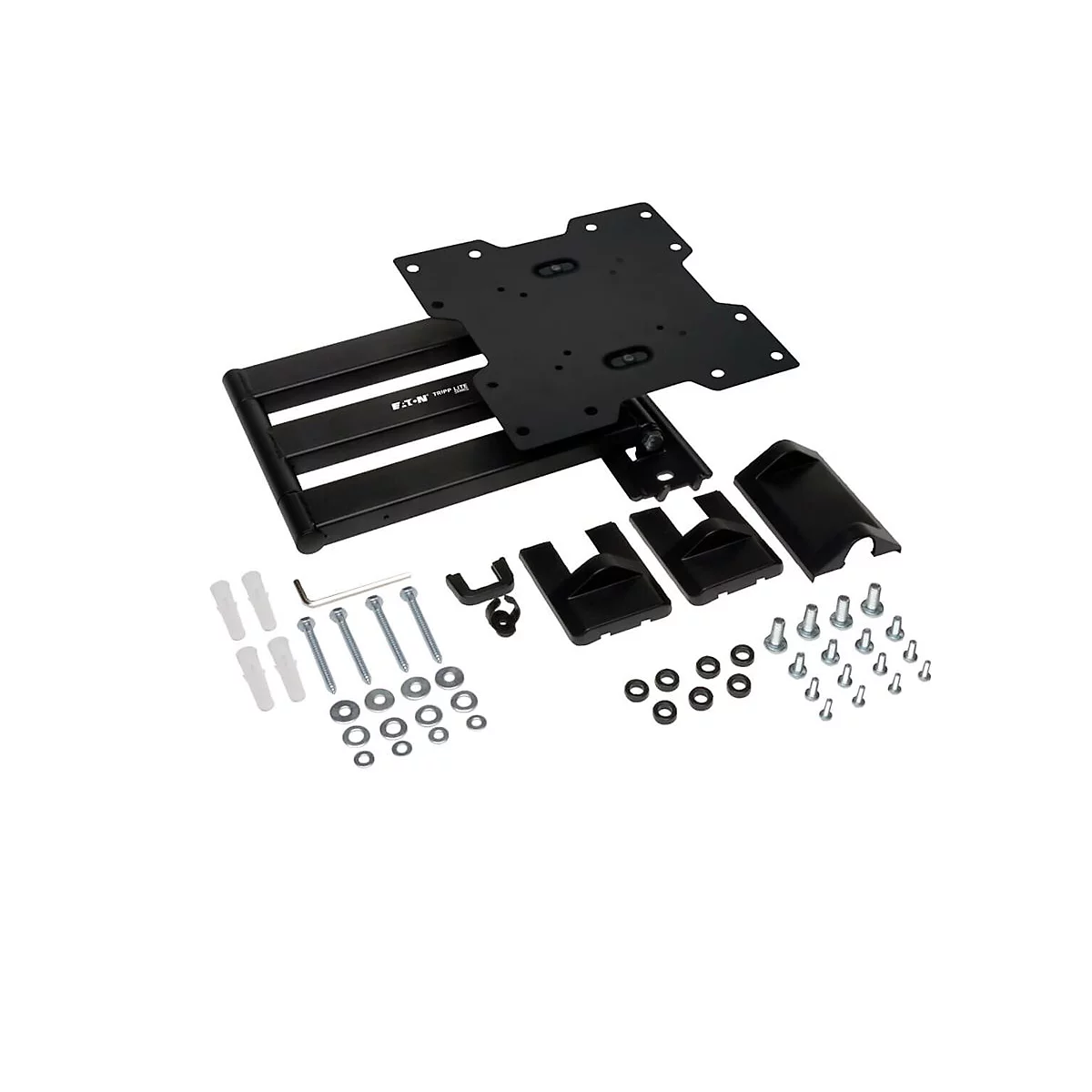 Schwarze TV-Halterung mit Zubehör, Schrauben und Unterlegscheiben, auf weißem Hintergrund.