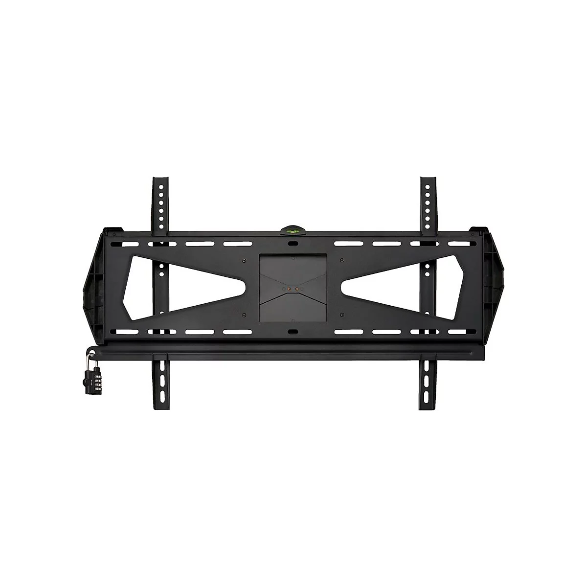 Schwarze TV-Wandhalterung vor weißem Hintergrund. Mit Sicherheitsverschluss und Wasserwaage.