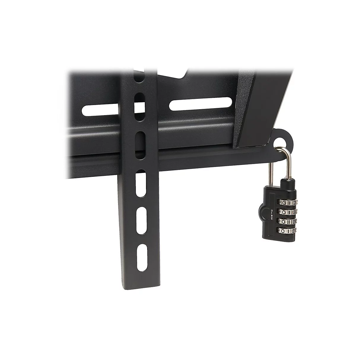 Schwarze Halterung mit Zahlenschloss. Die Halterung hat Löcher und Schlitze. Das Schloss ist mit Ziffern von 0-2 gekennzeichnet.