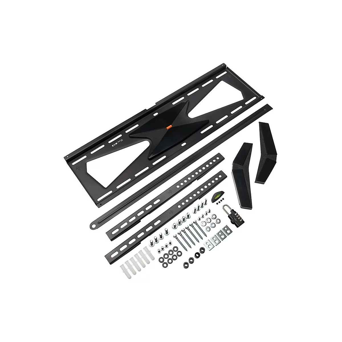 Schwarze TV-Halterung mit Zubehör, Schrauben, Dübeln, Wasserwaage und Schloss.