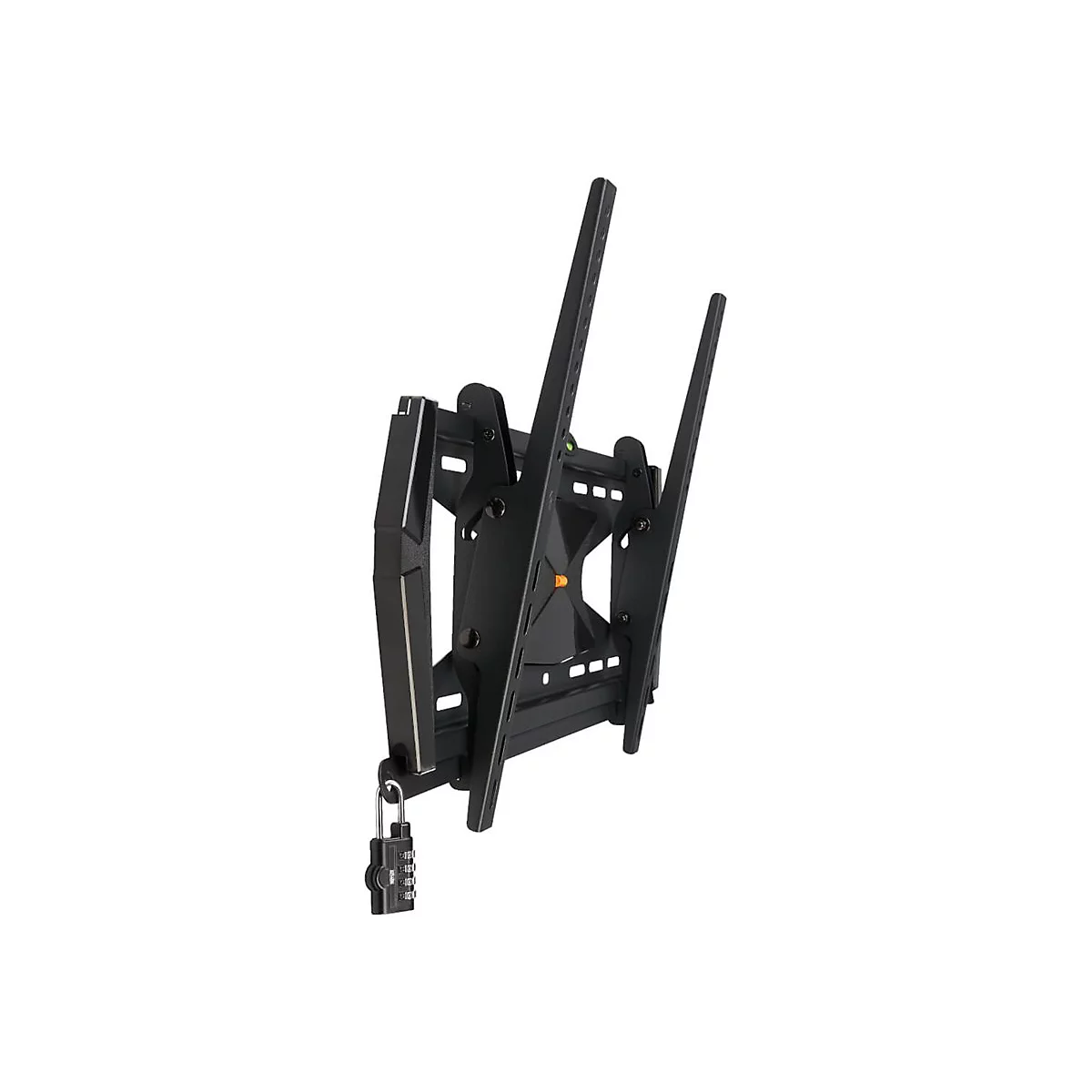 Schwarze TV-Wandhalterung, mit Zahlenschloss gesichert. Auf weißem Hintergrund.