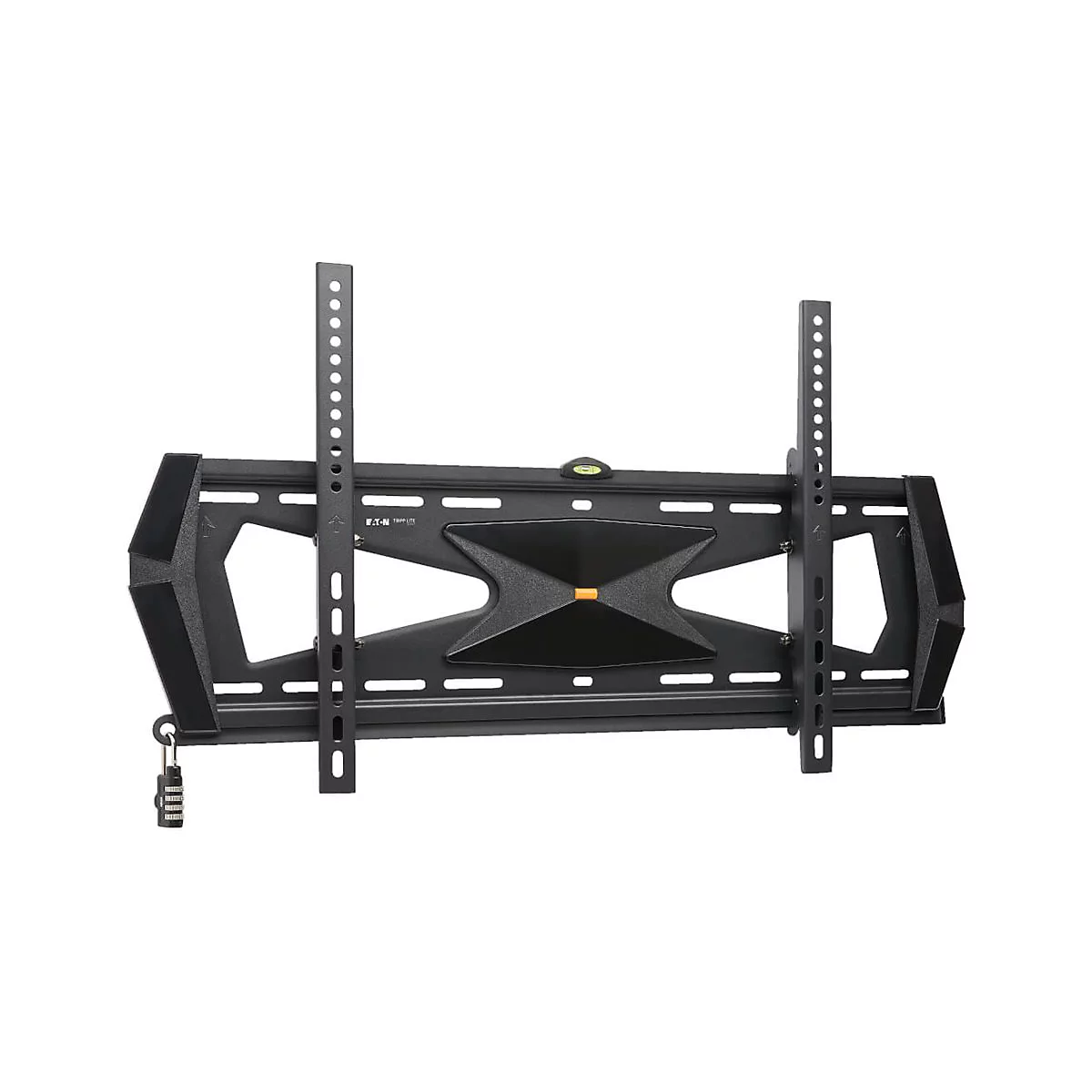 Schwarze TV-Wandhalterung, mit Wasserwaage, Diebstahlschutz und Halterungselementen.