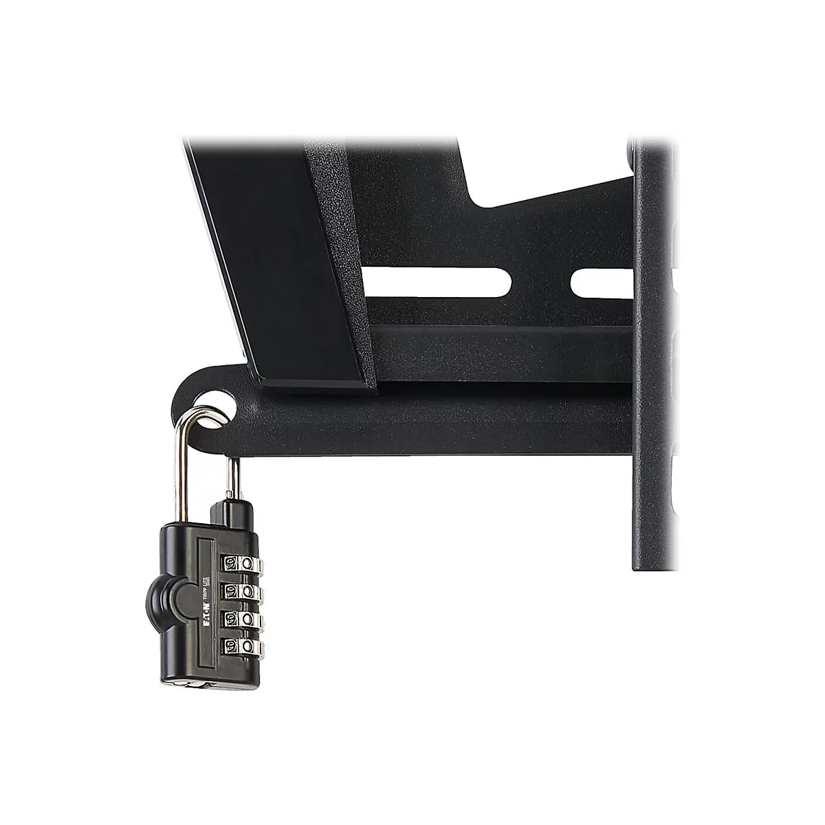 Detailaufnahme eines schwarzen Vorhängeschlosses mit Zahlenschloss an einer Metallkonstruktion.