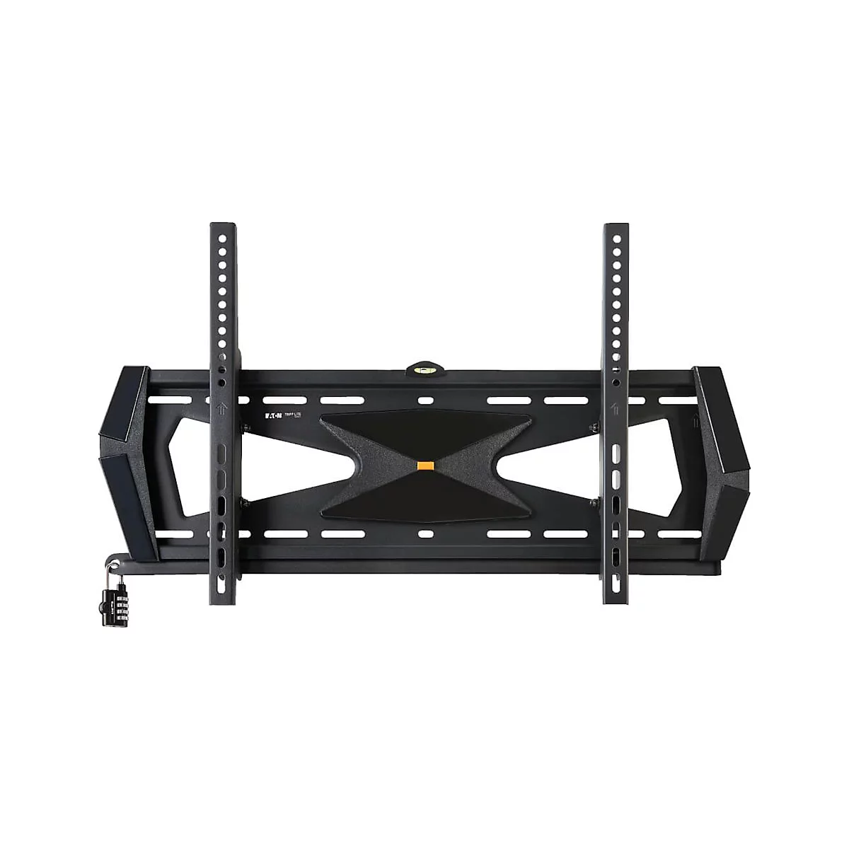 Schwarze TV-Wandhalterung, mit vertikalen Streben und Sicherheitsschloss. Das Produkt ist vor weißem Hintergrund abgebildet.