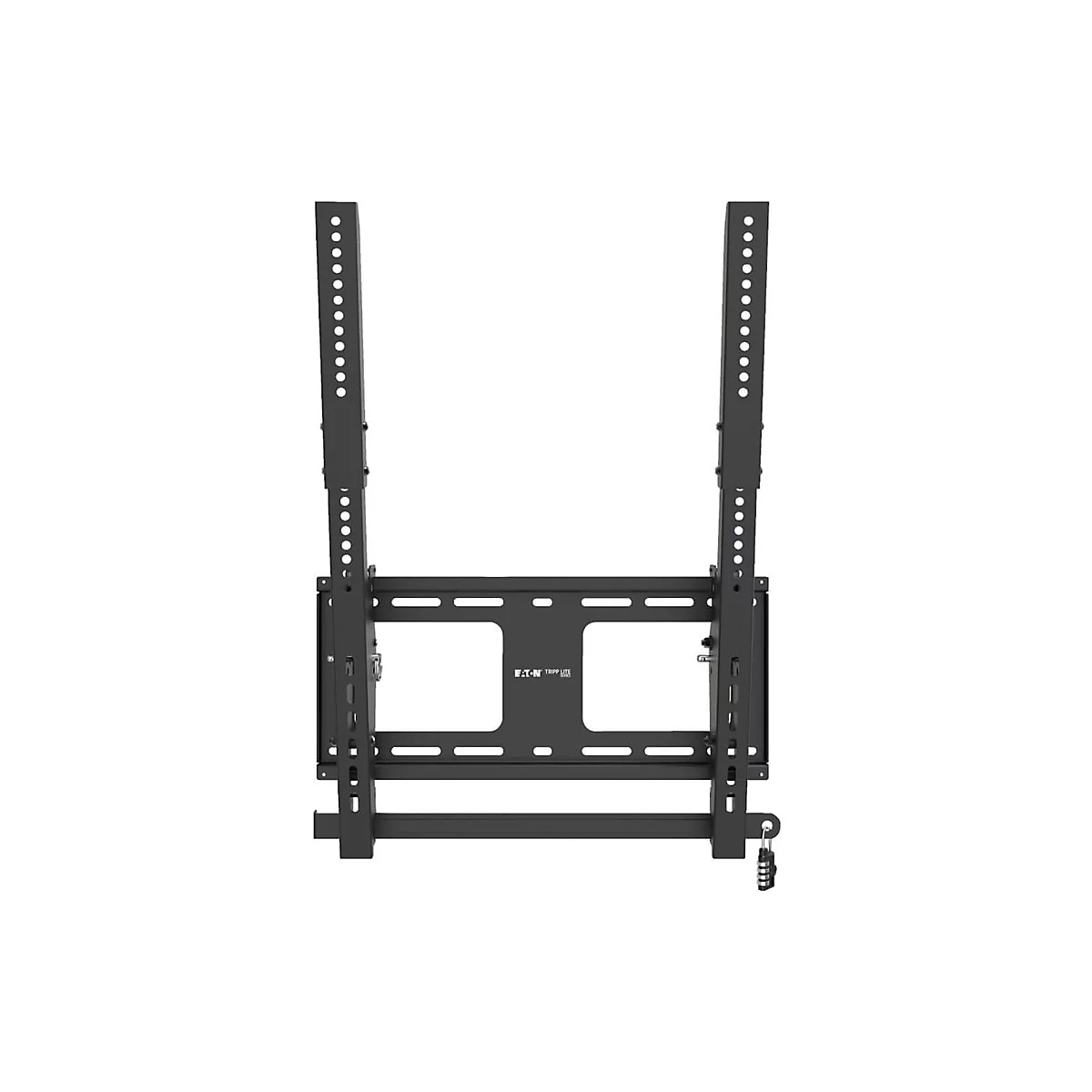 Schwarze TV-Wandhalterung, mit Schrauben und Schloss. Aufschrift: Tripp Lite.