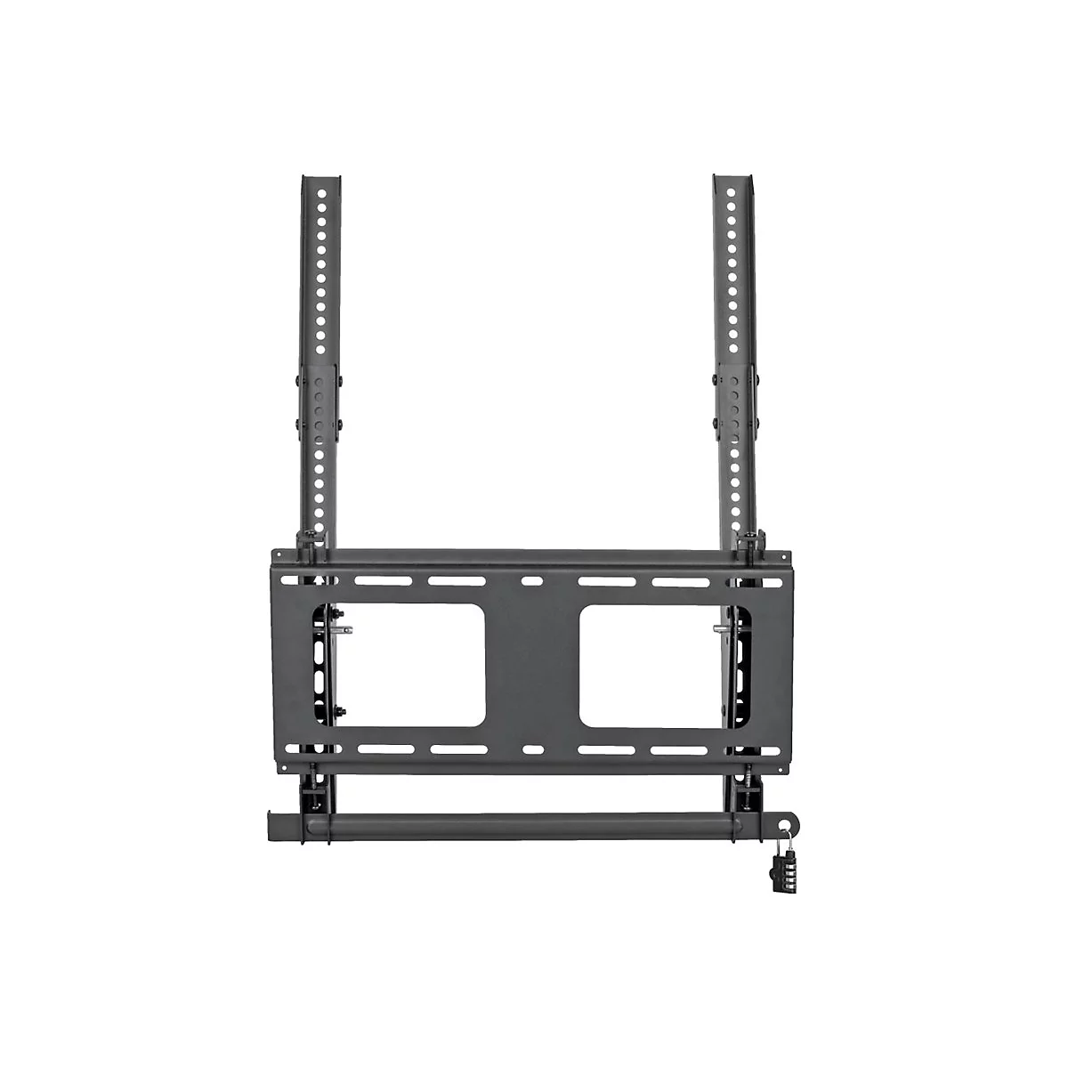 Schwarze TV-Wandhalterung, Frontansicht, auf weißem Hintergrund. Mit Löchern, Schlitzen und Halterungen für Montage.