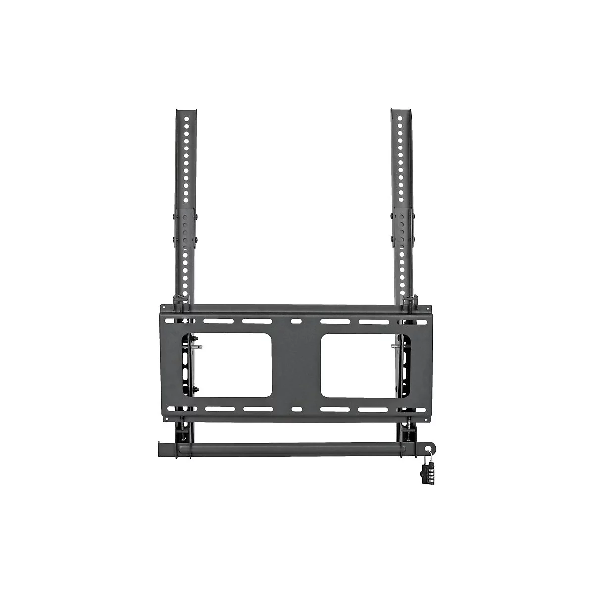 Schwarze TV-Wandhalterung, Frontansicht, mit Löchern und einem Schloss.